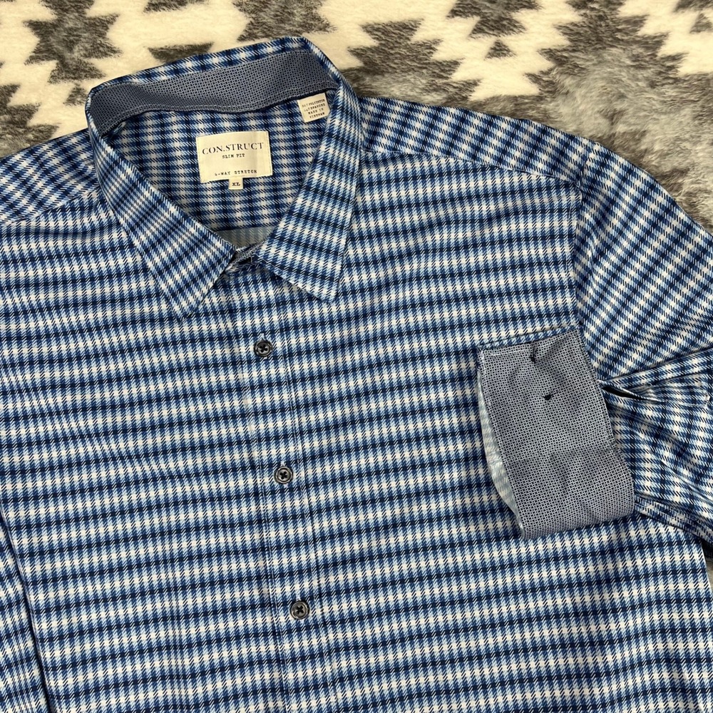 Con.Struct Slim Fit Shirt Mens XL Blue White Check 4-Way Stretch Long Sleeve